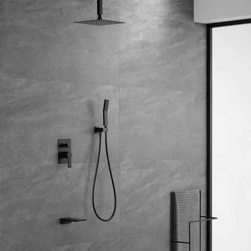 Three-way Ceiling Mounted Shower System, 10" Rain Shower Faucet Set with handheld shower and Waterfall Spout ceiling-mounted-rain-shower-system-handheld-shower-head-10-rain-shower-faucet-sets-complete-with-shower-round-in-valve-and-trim-wall-mounted-matte-black Matt Black / Brass / 10" Steel showerhead