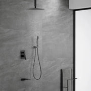 Three-way Ceiling Mounted Shower System, 10" Rain Shower Faucet Set with handheld shower and Waterfall Spout ceiling-mounted-rain-shower-system-handheld-shower-head-10-rain-shower-faucet-sets-complete-with-shower-round-in-valve-and-trim-wall-mounted-matte-black 