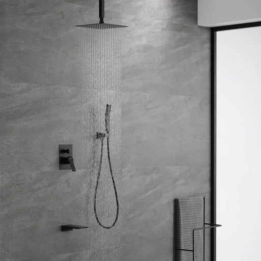 Three-way Ceiling Mounted Shower System, 10" Rain Shower Faucet Set with handheld shower and Waterfall Spout ceiling-mounted-rain-shower-system-handheld-shower-head-10-rain-shower-faucet-sets-complete-with-shower-round-in-valve-and-trim-wall-mounted-matte-black 