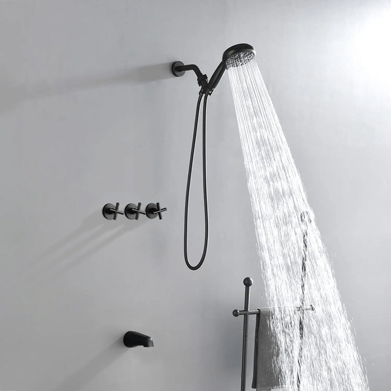Triple Handles 10-Spray Tub Shower Faucet Wall Mount Shower Trim Kit with 5 In. High Pressure Hand Shower triple-handles-10-spray-tub-shower-faucet-wall-mount-shower-trim-kit-with-5-in-high-pressure-hand-shower Matte Black / Brass & SUS304 & ABS / 17.3*10.1*5.4inch