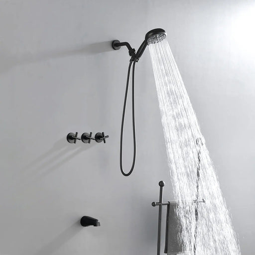 Triple Handles 10-Spray Tub Shower Faucet Wall Mount Shower Trim Kit with 5 In. High Pressure Hand Shower triple-handles-10-spray-tub-shower-faucet-wall-mount-shower-trim-kit-with-5-in-high-pressure-hand-shower Matte Black / Brass & SUS304 & ABS / 17.3*10.1*5.4inch