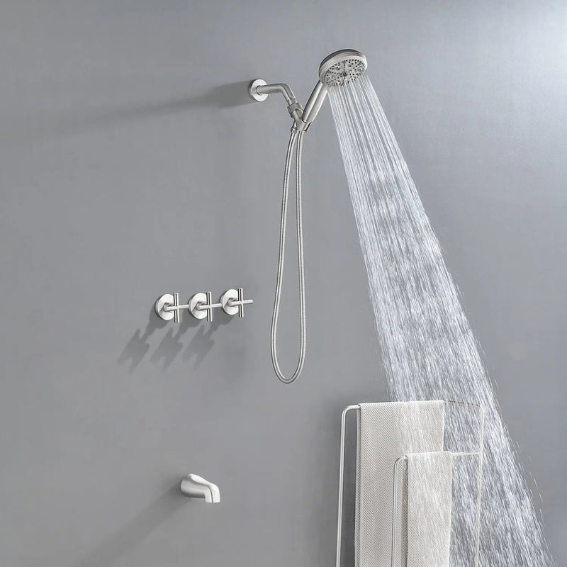Triple Handles 10-Spray Tub Shower Faucet Wall Mount Shower Trim Kit with 5 In. High Pressure Hand Shower triple-handles-10-spray-tub-shower-faucet-wall-mount-shower-trim-kit-with-5-in-high-pressure-hand-shower Brushed Nickel / Brass & SUS304 & ABS / 17.3*10.1*5.4inch