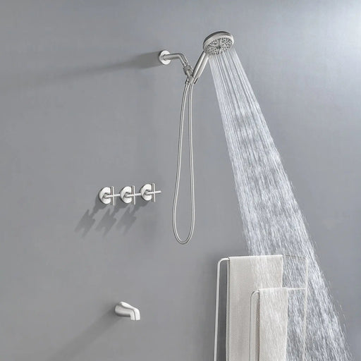Triple Handles 10-Spray Tub Shower Faucet Wall Mount Shower Trim Kit with 5 In. High Pressure Hand Shower triple-handles-10-spray-tub-shower-faucet-wall-mount-shower-trim-kit-with-5-in-high-pressure-hand-shower Brushed Nickel / Brass & SUS304 & ABS / 17.3*10.1*5.4inch