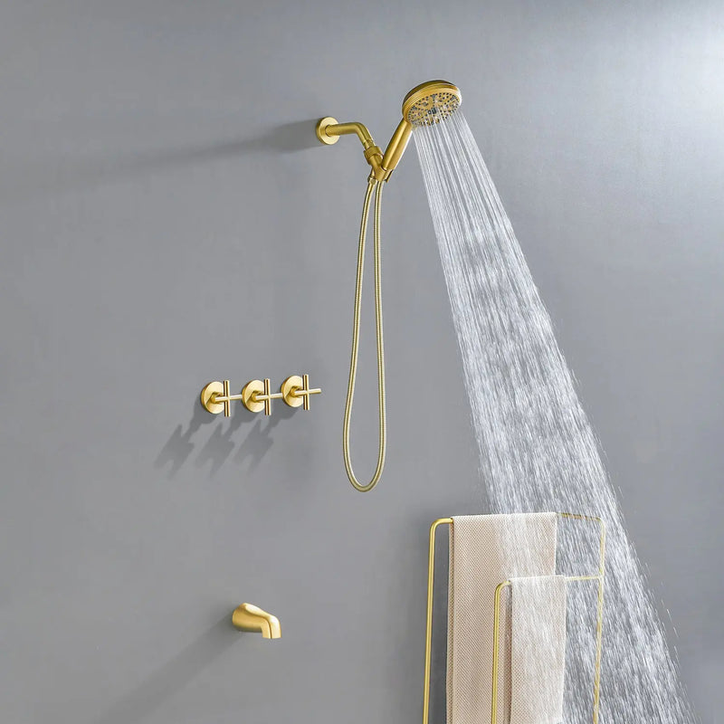 Triple Handles 10-Spray Tub Shower Faucet Wall Mount Shower Trim Kit with 5 In. High Pressure Hand Shower triple-handles-10-spray-tub-shower-faucet-wall-mount-shower-trim-kit-with-5-in-high-pressure-hand-shower Brushed Gold / Brass & SUS304 & ABS / 17.3*10.1*5.4inch