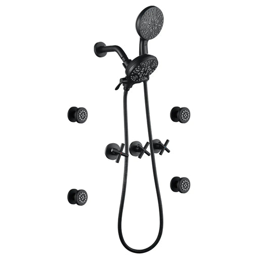 Triple Handles 7-Mode Dual Head Built-In Rainfall Shower System with 4 Body Jets triple-handles-7-mode-dual-head-built-in-rainfall-shower-system-with-4-body-jets Matte Black / Brass & SUS304 & ABS / 17.3*10.1*5.4 inches