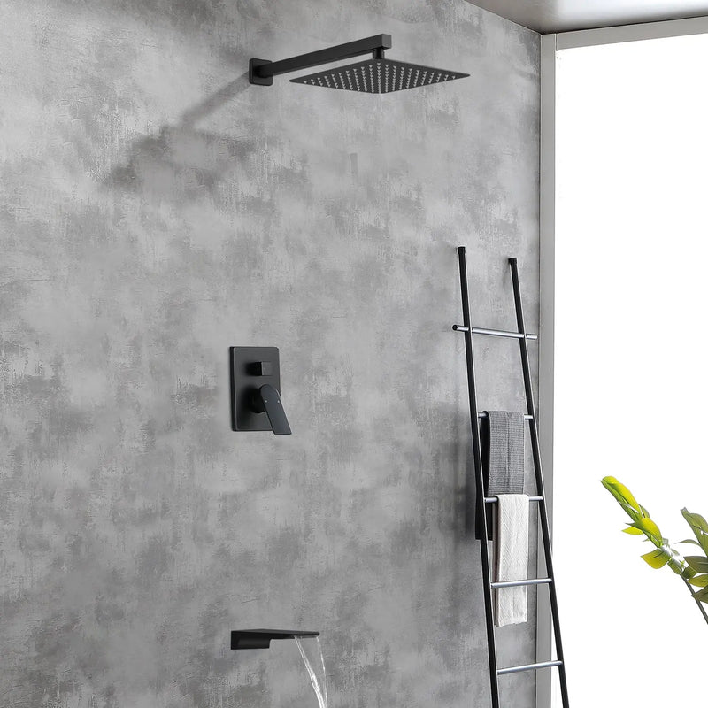 Tub and Shower Faucet Set Shower System with 10-Inch Rain Shower Head and Waterfall Tub Faucet Wall Mount Shower Valve and Trim Kit Included shamanda-shower-system-with-waterfall-tub-spout-and-handheld-shower-head-12-rain-shower-faucet-sets-complete-with-shower-round-in-valve-and-trim-wall-mounted 