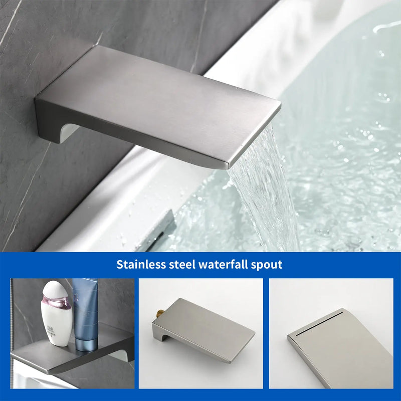 Tub and Shower Faucet Set Shower System with 10-Inch Rain Shower Head and Waterfall Tub Faucet Wall Mount Shower Valve and Trim Kit Included shamanda-shower-system-with-waterfall-tub-spout-and-handheld-shower-head-12-rain-shower-faucet-sets-complete-with-shower-round-in-valve-and-trim-wall-mounted 