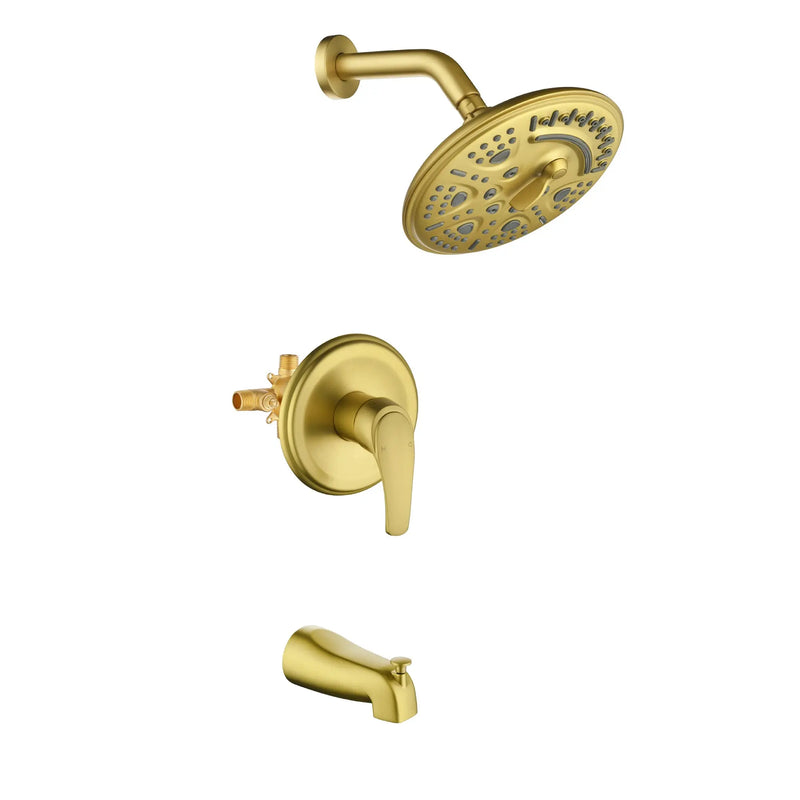 Tub and Shower Trim Kit with 8 Inches 6-mode Shower Head, Wall Mounted Rainfall Shower Combo Set with Diverter Tub Spout shower-faucet-set-complete-with-tub-spout-single-function-shower-trim-kit-with-9-inches-shower-head-rainfall-shower-combo-set-wall-mounted-shower-system Brushed Gold / Brass & SUS304 & ABS / Hot & Cold Water