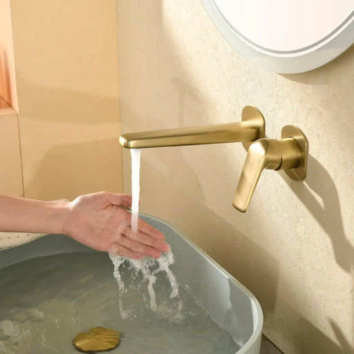Two-Hole Wall Mount Faucet Vanity Brass Single Lever Washbasin Faucet with Hot Cold Water Mixer for Hotel Bathroom two-hole-wall-mount-faucet-vanity-brass-washbasin-faucet-with-hot-cold-water-mixer-for-hotel-bathroom Brushed Gold / Brass / 11*8.3*3.7inches