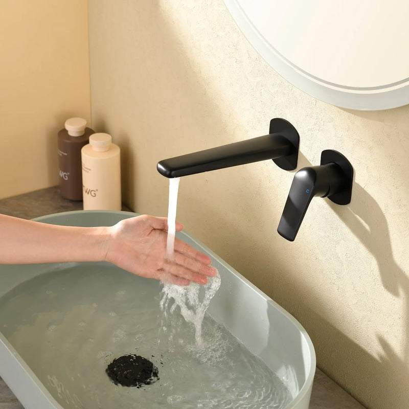 Two-Hole Wall Mount Faucet Vanity Brass Single Lever Washbasin Faucet with Hot Cold Water Mixer for Hotel Bathroom two-hole-wall-mount-faucet-vanity-brass-washbasin-faucet-with-hot-cold-water-mixer-for-hotel-bathroom Matte Black / Brass / 11*8.3*3.7inches
