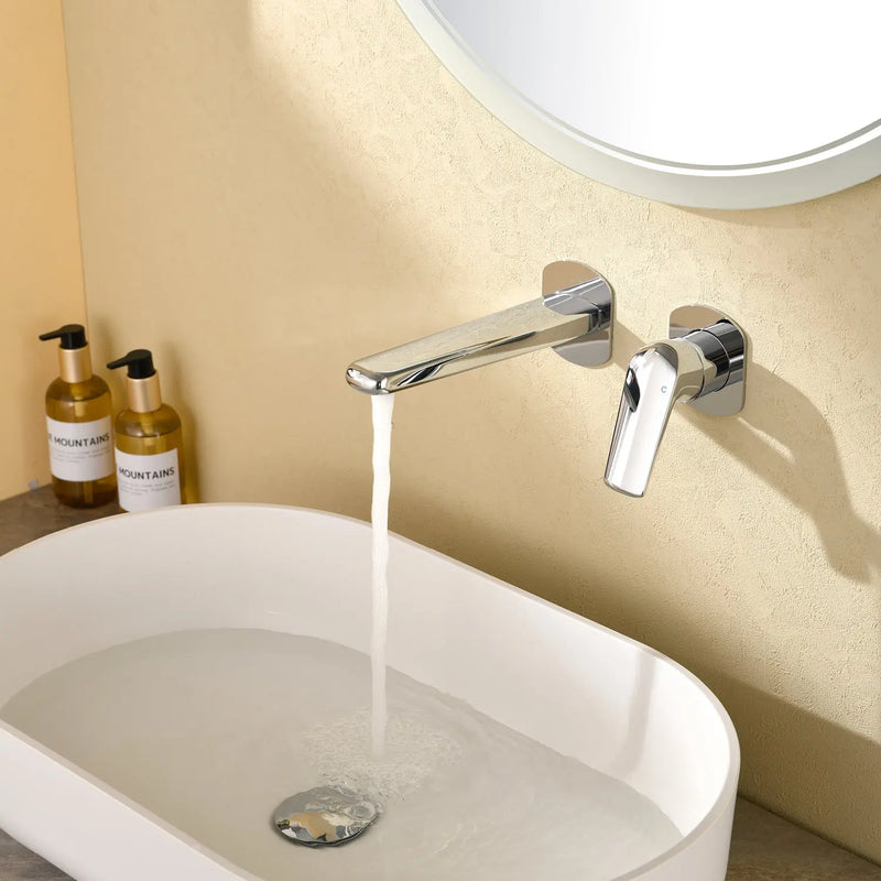 Two-Hole Wall Mount Faucet Vanity Brass Single Lever Washbasin Faucet with Hot Cold Water Mixer for Hotel Bathroom two-hole-wall-mount-faucet-vanity-brass-washbasin-faucet-with-hot-cold-water-mixer-for-hotel-bathroom Chrome / Brass / 11*8.3*3.7inches