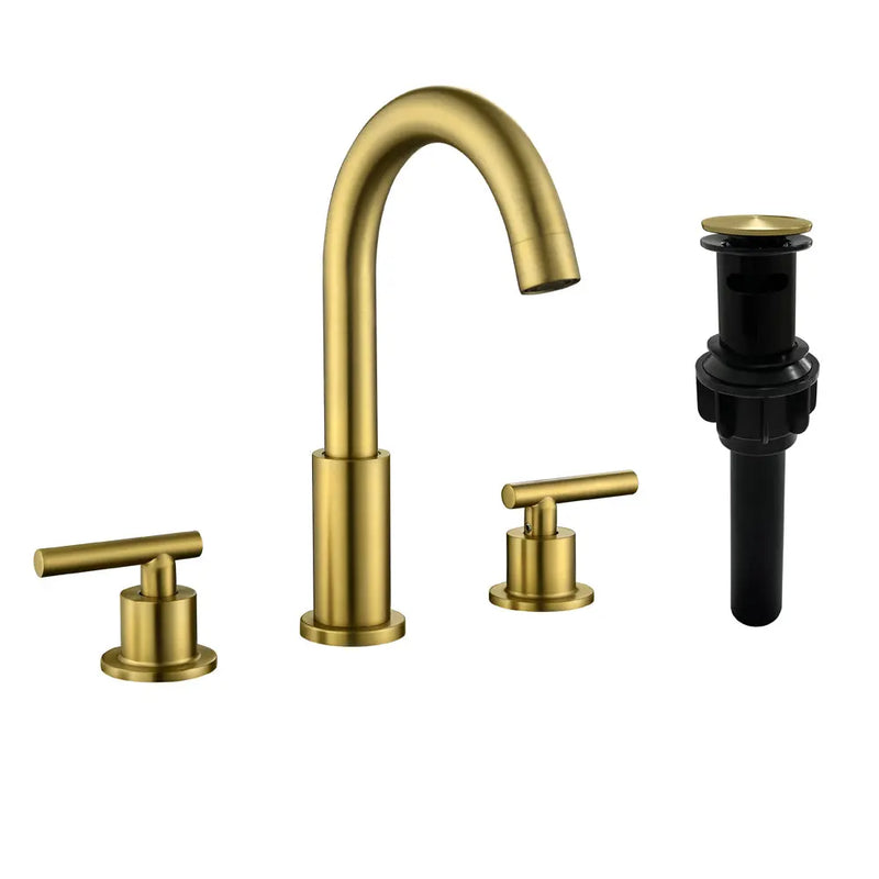 Two Handle High Arc Widespread Bathroom Sink Faucet 3 Hole with Pop-Up Drain and Water Supply Lines two-handle-high-arc-widespread-bathroom-sink-faucet-3-hole-with-pop-up-drain-and-water-supply-lines Brushed Gold / Brass & Stainless Steel