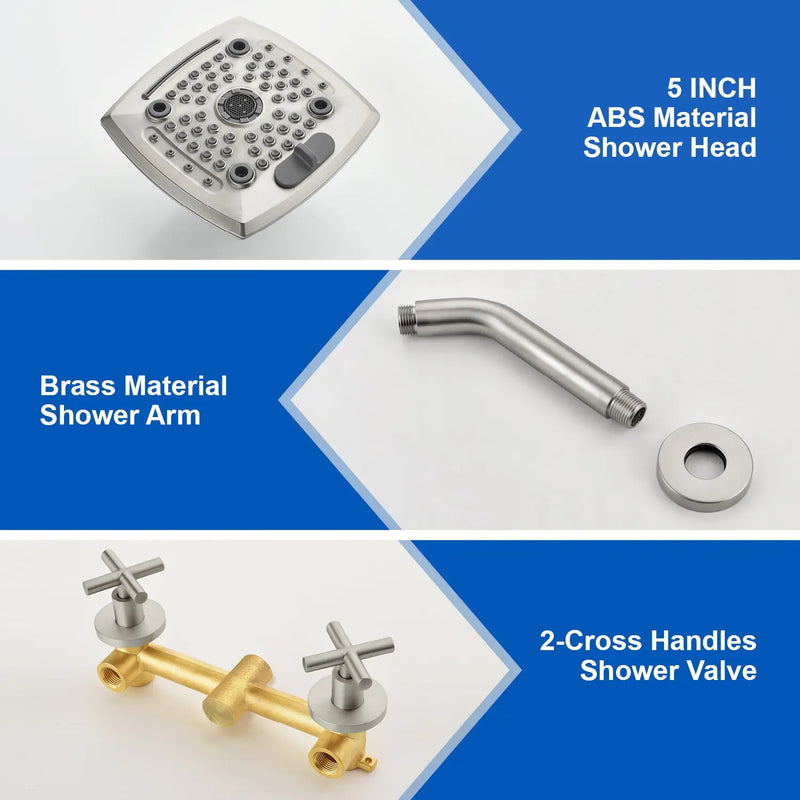 Two Handle Shower Faucet with 5 Inch Square 5-Spray Shower Head in Matte Black, Brushed Nickel, Brushed Gold two-handle-shower-faucet-with-5-inch-square-6-spray-shower-head-in-matte-black-brushed-nickel-brushed-gold 