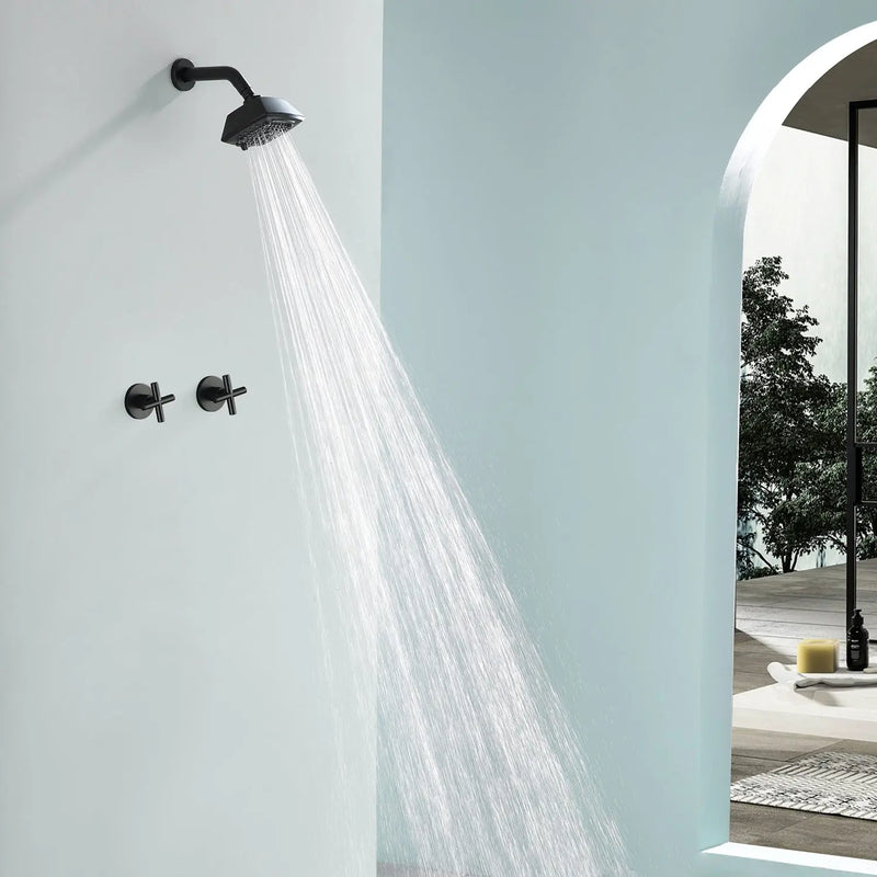 Two Handle Shower Faucet with 5 Inch Square 5-Spray Shower Head in Matte Black, Brushed Nickel, Brushed Gold two-handle-shower-faucet-with-5-inch-square-6-spray-shower-head-in-matte-black-brushed-nickel-brushed-gold Matte Black / Brass & SUS304 & ABS / 16*9*6 inches