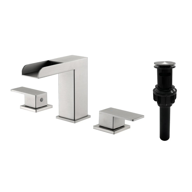 Two Handle Widespread Lavatory with Pop Up Drain Stopper in Brushed Gold| Brushed Nickel| Matte Black two-handle-widespread-lavatory-with-pop-up-drain-stopper-in-brushed-gold Brushed Nickel / Brass / 15.7*11*3.3inches
