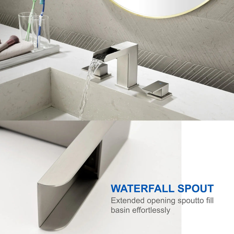 Two Handle Widespread Lavatory with Pop Up Drain Stopper in Brushed Gold| Brushed Nickel| Matte Black two-handle-widespread-lavatory-with-pop-up-drain-stopper-in-brushed-gold 