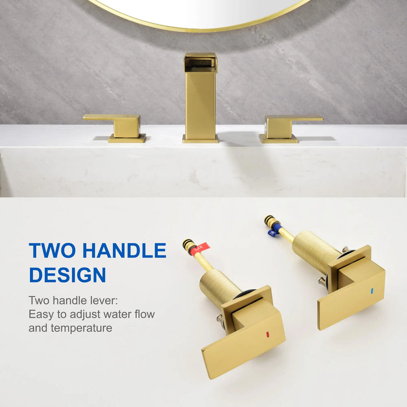 Two Handle Widespread Lavatory with Pop Up Drain Stopper in Brushed Gold| Brushed Nickel| Matte Black two-handle-widespread-lavatory-with-pop-up-drain-stopper-in-brushed-gold 