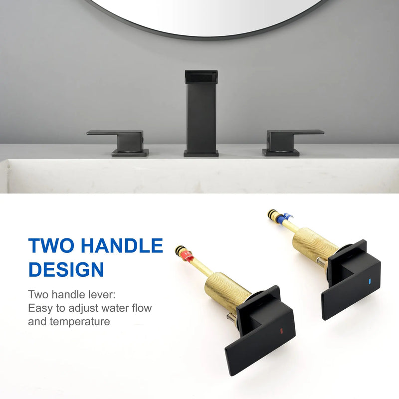 Two Handle Widespread Lavatory with Pop Up Drain Stopper in Brushed Gold| Brushed Nickel| Matte Black two-handle-widespread-lavatory-with-pop-up-drain-stopper-in-brushed-gold 