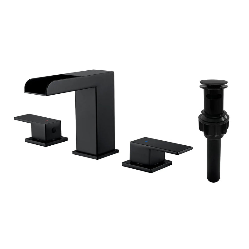 Two Handle Widespread Lavatory with Pop Up Drain Stopper in Brushed Gold| Brushed Nickel| Matte Black two-handle-widespread-lavatory-with-pop-up-drain-stopper-in-brushed-gold Matte Black / Brass / 15.7*11*3.3inches