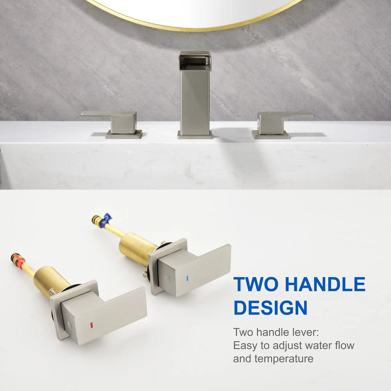 Two Handle Widespread Lavatory with Pop Up Drain Stopper in Brushed Gold| Brushed Nickel| Matte Black two-handle-widespread-lavatory-with-pop-up-drain-stopper-in-brushed-gold 