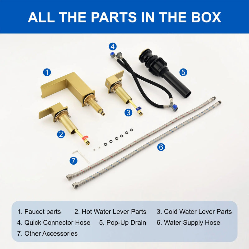 Two Handle Widespread Lavatory with Pop Up Drain Stopper in Brushed Gold| Brushed Nickel| Matte Black two-handle-widespread-lavatory-with-pop-up-drain-stopper-in-brushed-gold 