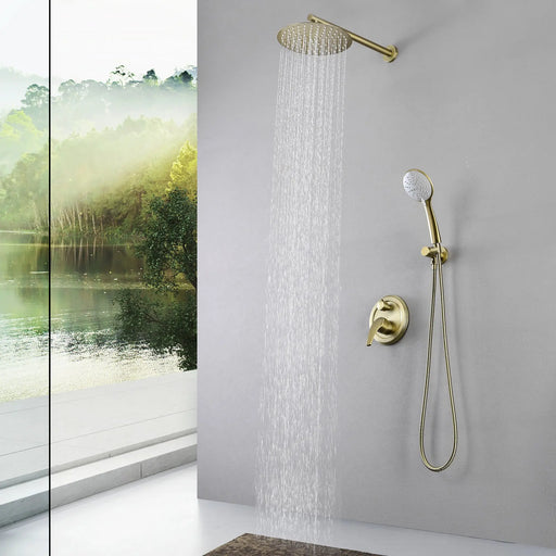 Two way Bathroom Shower Faucet Set with 10 inch Round ultra slim shower head & 5-Spray Hand Shower - Brushed Gold, Brushed Nickel, Matte Black shamanda-10-inch-shower-system-brushed-gold 