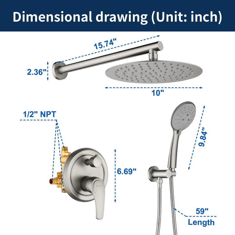 Two way Bathroom Shower Faucet Set with 10 inch Round ultra slim shower head & 5-Spray Hand Shower - Brushed Gold, Brushed Nickel, Matte Black shamanda-10-inch-shower-system-brushed-gold 