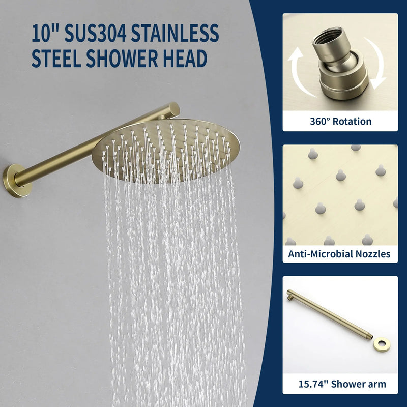 Two way Bathroom Shower Faucet Set with 10 inch Round ultra slim shower head & 5-Spray Hand Shower - Brushed Gold, Brushed Nickel, Matte Black shamanda-10-inch-shower-system-brushed-gold 