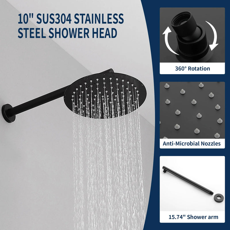 Two way Bathroom Shower Faucet Set with 10 inch Round ultra slim shower head & 5-Spray Hand Shower - Brushed Gold, Brushed Nickel, Matte Black shamanda-10-inch-shower-system-brushed-gold 