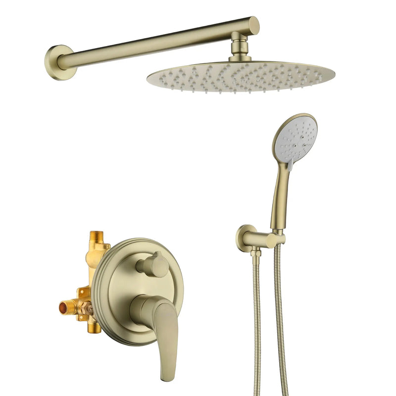 Two way Bathroom Shower Faucet Set with 10 inch Round ultra slim shower head & 5-Spray Hand Shower - Brushed Gold, Brushed Nickel, Matte Black shamanda-10-inch-shower-system-brushed-gold Brushed Gold / 10" Rain Shower Head / Brass