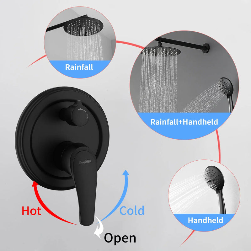 Two way Bathroom Shower Faucet Set with 10 inch Round ultra slim shower head & 5-Spray Hand Shower - Brushed Gold, Brushed Nickel, Matte Black shamanda-10-inch-shower-system-brushed-gold 
