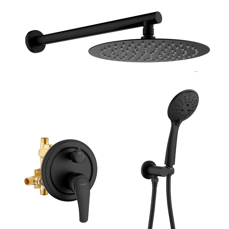 Two way Bathroom Shower Faucet Set with 10 inch Round ultra slim shower head & 5-Spray Hand Shower - Brushed Gold, Brushed Nickel, Matte Black shamanda-10-inch-shower-system-brushed-gold Matte Black / 10" Rain Shower Head / Brass
