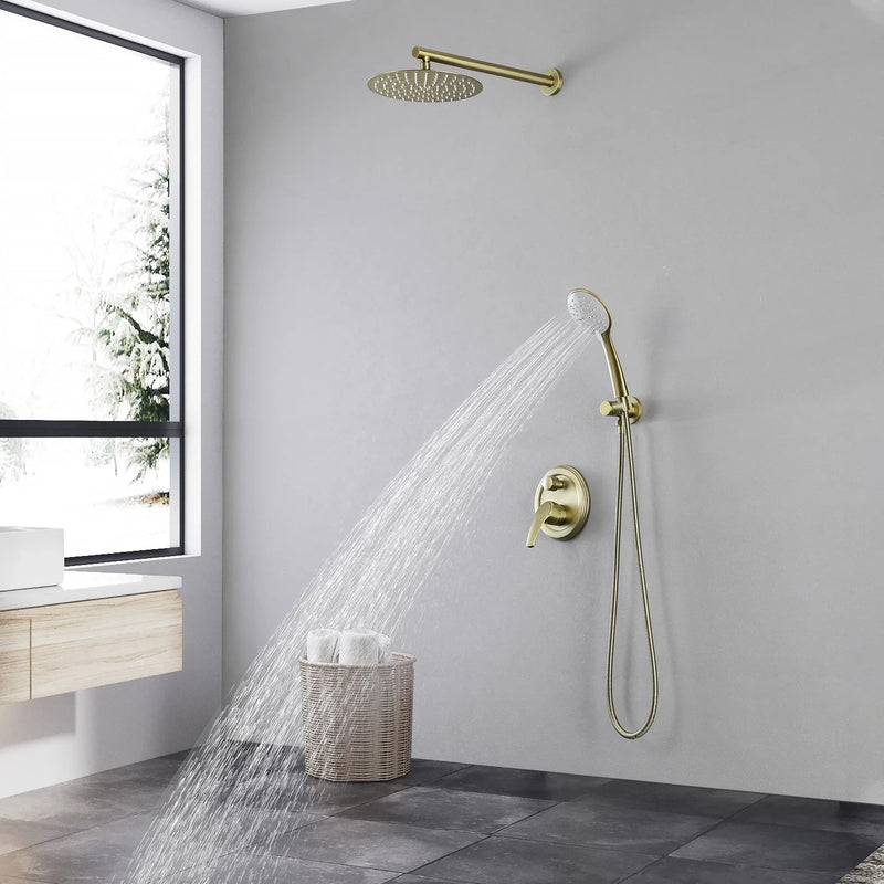 Two way Bathroom Shower Faucet Set with 10 inch Round ultra slim shower head & 5-Spray Hand Shower - Brushed Gold, Brushed Nickel, Matte Black shamanda-10-inch-shower-system-brushed-gold 