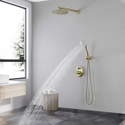 Two way Bathroom Shower Faucet Set with 10 inch Round ultra slim shower head & 5-Spray Hand Shower - Brushed Gold, Brushed Nickel, Matte Black shamanda-10-inch-shower-system-brushed-gold 