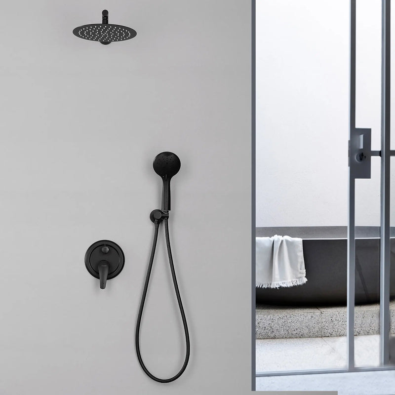 Two way Bathroom Shower Faucet Set with 10 inch Round ultra slim shower head & 5-Spray Hand Shower - Brushed Gold, Brushed Nickel, Matte Black shamanda-10-inch-shower-system-brushed-gold 