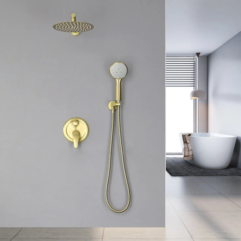 Two way Bathroom Shower Faucet Set with 10 inch Round ultra slim shower head & 5-Spray Hand Shower - Brushed Gold, Brushed Nickel, Matte Black shamanda-10-inch-shower-system-brushed-gold 