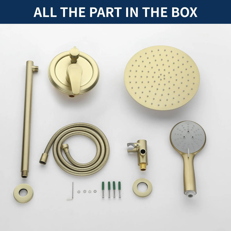 Two way Bathroom Shower Faucet Set with 10 inch Round ultra slim shower head & 5-Spray Hand Shower - Brushed Gold, Brushed Nickel, Matte Black shamanda-10-inch-shower-system-brushed-gold 