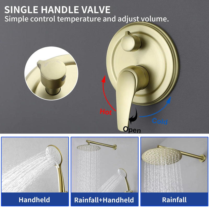 Two way Bathroom Shower Faucet Set with 10 inch Round ultra slim shower head & 5-Spray Hand Shower - Brushed Gold, Brushed Nickel, Matte Black shamanda-10-inch-shower-system-brushed-gold 
