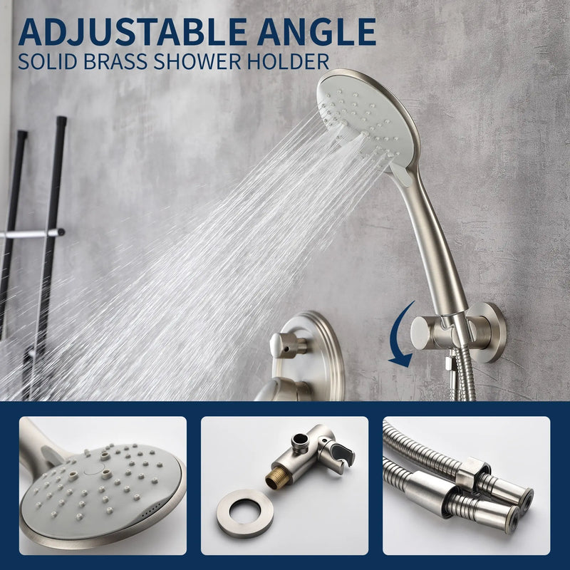 Two way Bathroom Shower Faucet Set with 10 inch Round ultra slim shower head & 5-Spray Hand Shower - Brushed Gold, Brushed Nickel, Matte Black shamanda-10-inch-shower-system-brushed-gold 