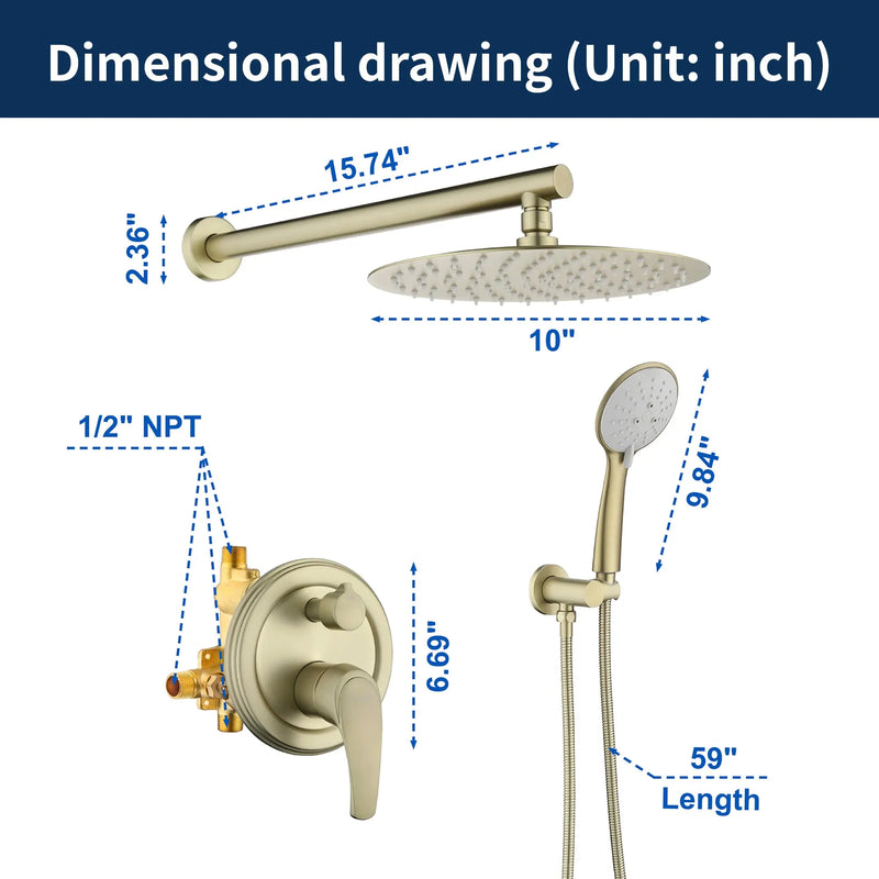 Two way Bathroom Shower Faucet Set with 10 inch Round ultra slim shower head & 5-Spray Hand Shower - Brushed Gold, Brushed Nickel, Matte Black shamanda-10-inch-shower-system-brushed-gold 