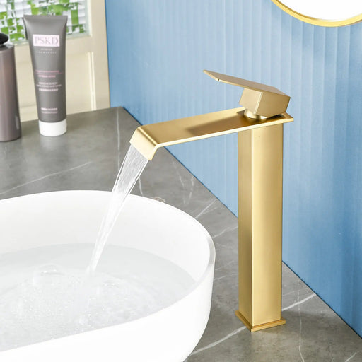 Vessel Sink Faucet Tall Single Control Waterfall Single Hole Deck Mount Bathroom Faucet With Pop-Up Faucet Stopper - Matte Black, Brushed Nickel, Brushed Gold tall-single-control-waterfall-bathroom-vessel-sink-faucet-with-faucet-stopper 