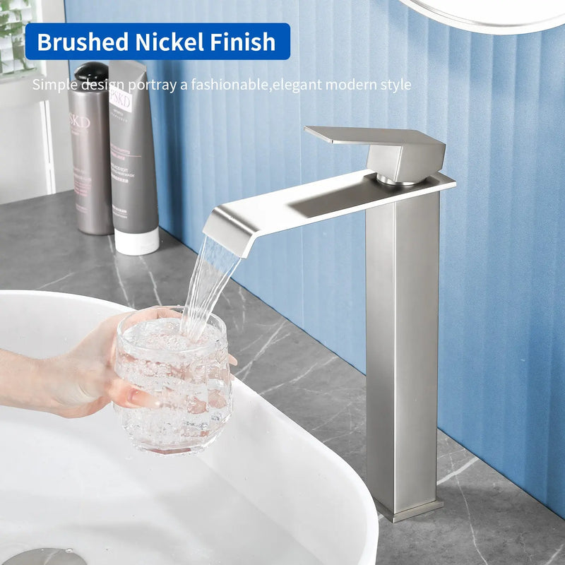 Vessel Sink Faucet Tall Single Control Waterfall Single Hole Deck Mount Bathroom Faucet With Pop-Up Faucet Stopper - Matte Black, Brushed Nickel, Brushed Gold tall-single-control-waterfall-bathroom-vessel-sink-faucet-with-faucet-stopper 