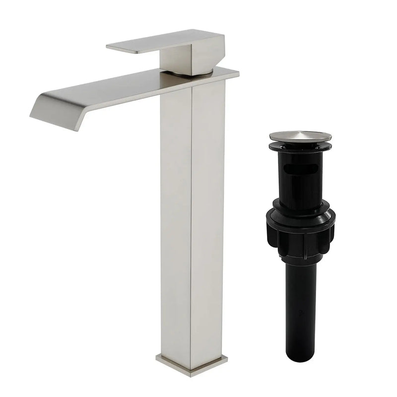 Vessel Sink Faucet Tall Single Control Waterfall Single Hole Deck Mount Bathroom Faucet With Pop-Up Faucet Stopper - Matte Black, Brushed Nickel, Brushed Gold tall-single-control-waterfall-bathroom-vessel-sink-faucet-with-faucet-stopper Brushed Nickel / SUS304 / 16.5*10.6*3.5 inches