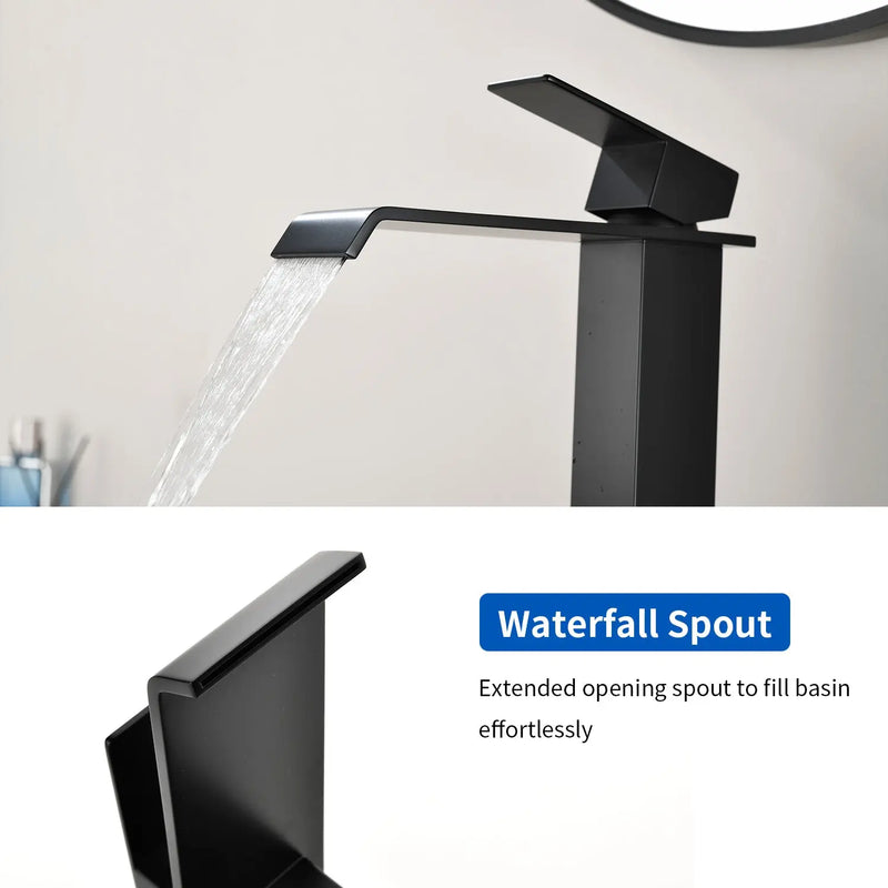 Vessel Sink Faucet Tall Single Control Waterfall Single Hole Deck Mount Bathroom Faucet With Pop-Up Faucet Stopper - Matte Black, Brushed Nickel, Brushed Gold tall-single-control-waterfall-bathroom-vessel-sink-faucet-with-faucet-stopper 