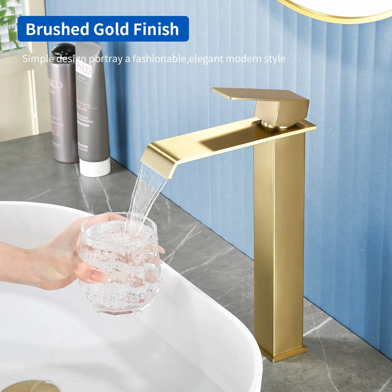 Vessel Sink Faucet Tall Single Control Waterfall Single Hole Deck Mount Bathroom Faucet With Pop-Up Faucet Stopper - Matte Black, Brushed Nickel, Brushed Gold tall-single-control-waterfall-bathroom-vessel-sink-faucet-with-faucet-stopper 