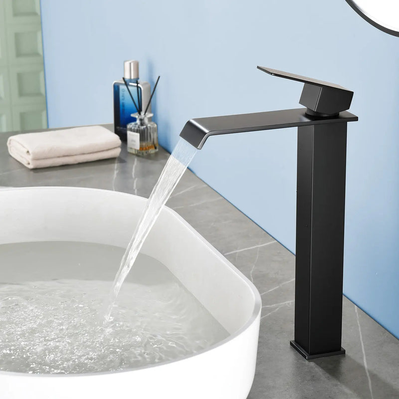 Vessel Sink Faucet Tall Single Control Waterfall Single Hole Deck Mount Bathroom Faucet With Pop-Up Faucet Stopper - Matte Black, Brushed Nickel, Brushed Gold tall-single-control-waterfall-bathroom-vessel-sink-faucet-with-faucet-stopper 