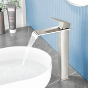 Vessel Sink Faucet Tall Single Control Waterfall Single Hole Deck Mount Bathroom Faucet With Pop-Up Faucet Stopper - Matte Black, Brushed Nickel, Brushed Gold tall-single-control-waterfall-bathroom-vessel-sink-faucet-with-faucet-stopper 