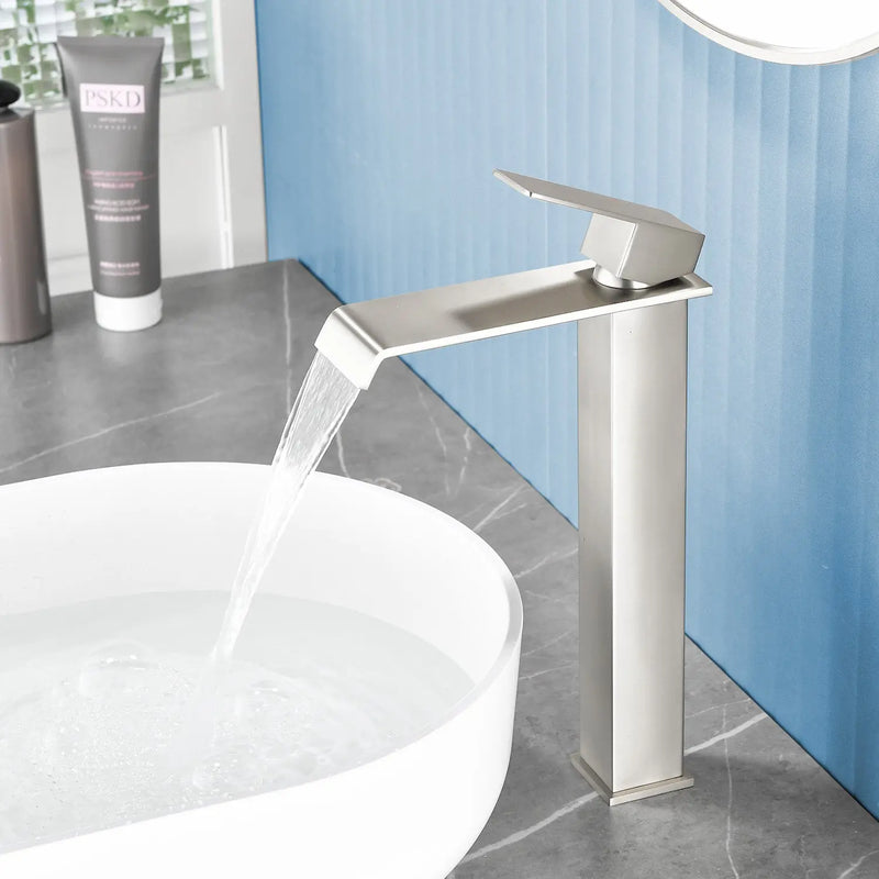 Vessel Sink Faucet Tall Single Control Waterfall Single Hole Deck Mount Bathroom Faucet With Pop-Up Faucet Stopper - Matte Black, Brushed Nickel, Brushed Gold tall-single-control-waterfall-bathroom-vessel-sink-faucet-with-faucet-stopper 