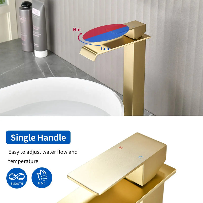 Vessel Sink Faucet Tall Single Control Waterfall Single Hole Deck Mount Bathroom Faucet With Pop-Up Faucet Stopper - Matte Black, Brushed Nickel, Brushed Gold tall-single-control-waterfall-bathroom-vessel-sink-faucet-with-faucet-stopper 