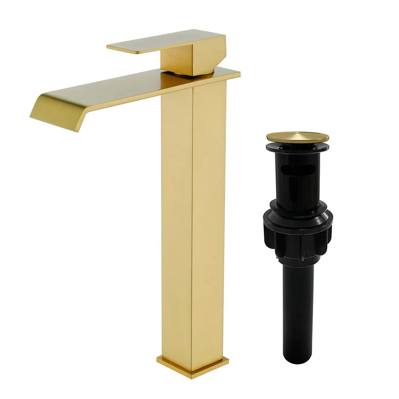 Vessel Sink Faucet Tall Single Control Waterfall Single Hole Deck Mount Bathroom Faucet With Pop-Up Faucet Stopper - Matte Black, Brushed Nickel, Brushed Gold tall-single-control-waterfall-bathroom-vessel-sink-faucet-with-faucet-stopper Brushed Gold / SUS304 / 16.5*10.6*3.5 inches